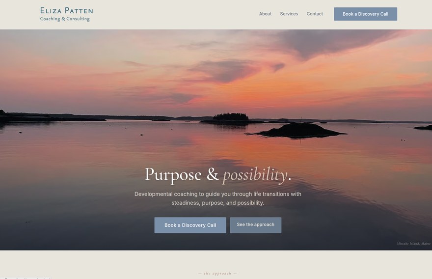 Eliza Patten Coaching homepage: sunset over water in Maine with the headline Purpose and possibility.