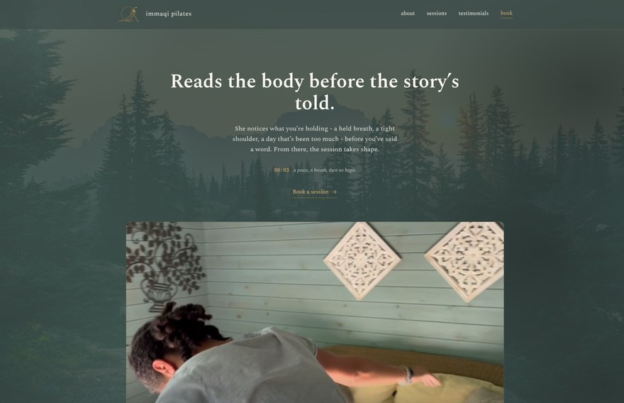 ImmaQi Pilates homepage: deep green forest hero with the headline Reads the body before the story's told.