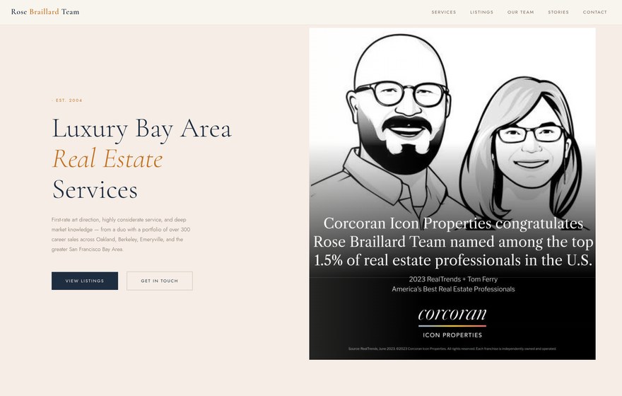 Rose Braillard Team homepage: cream hero with Luxury Bay Area Real Estate Services and an illustrated portrait of the two realtors.
