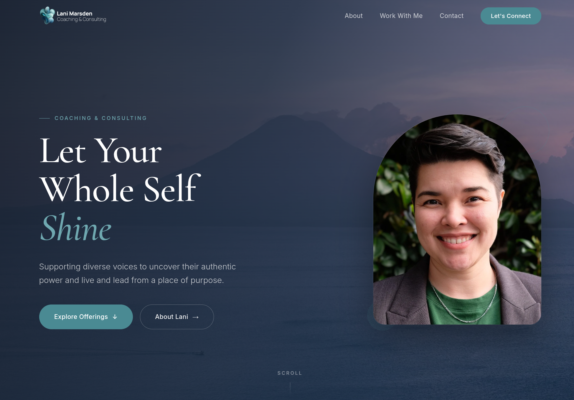 The same homepage rebuilt on Lanlan: same headline and headshot, with a fuller background image and updated typography.