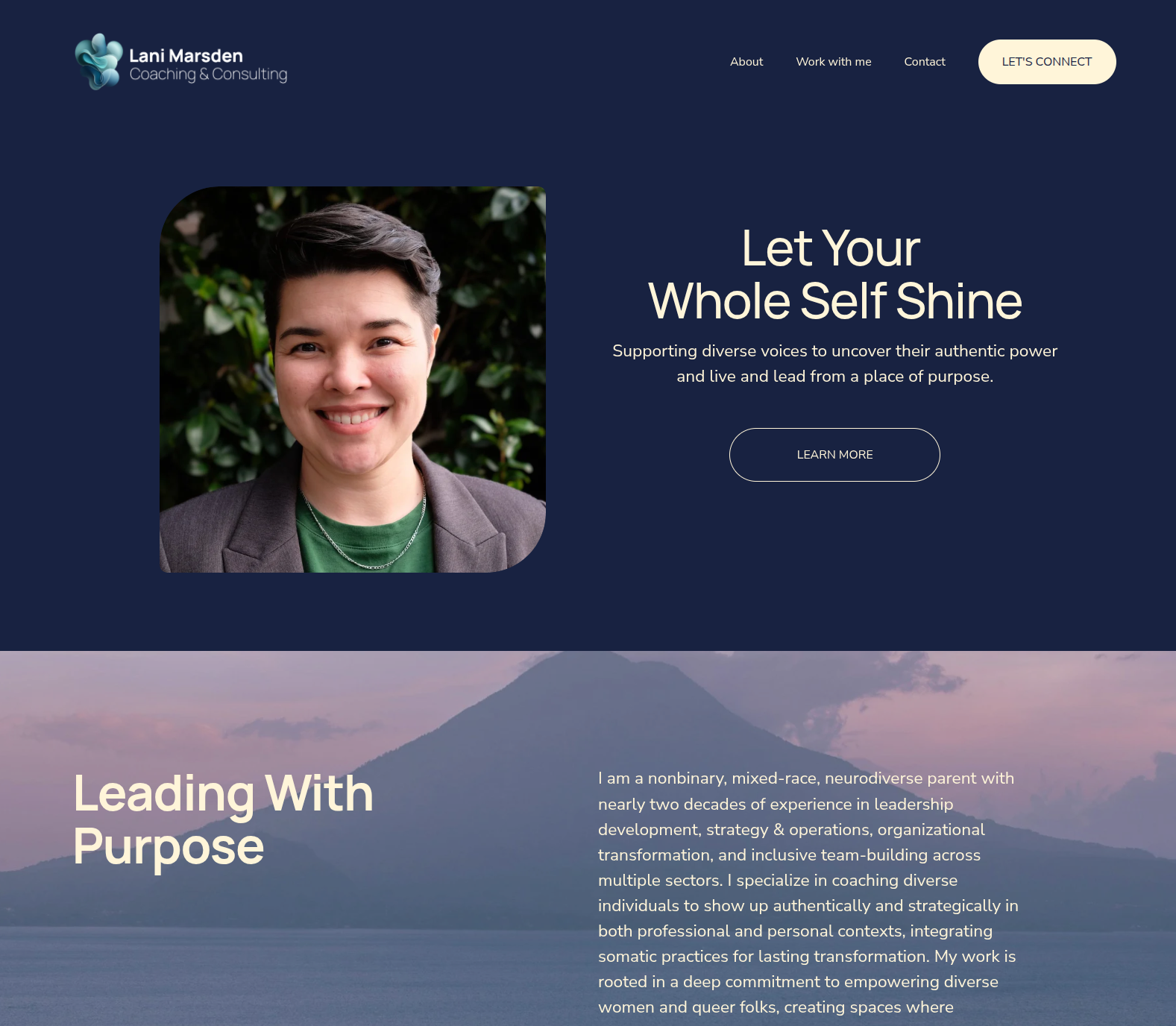 Lani Marsden Coaching and Consulting homepage on Squarespace: dark navy hero, headshot on the left, Let Your Whole Self Shine headline on the right.
