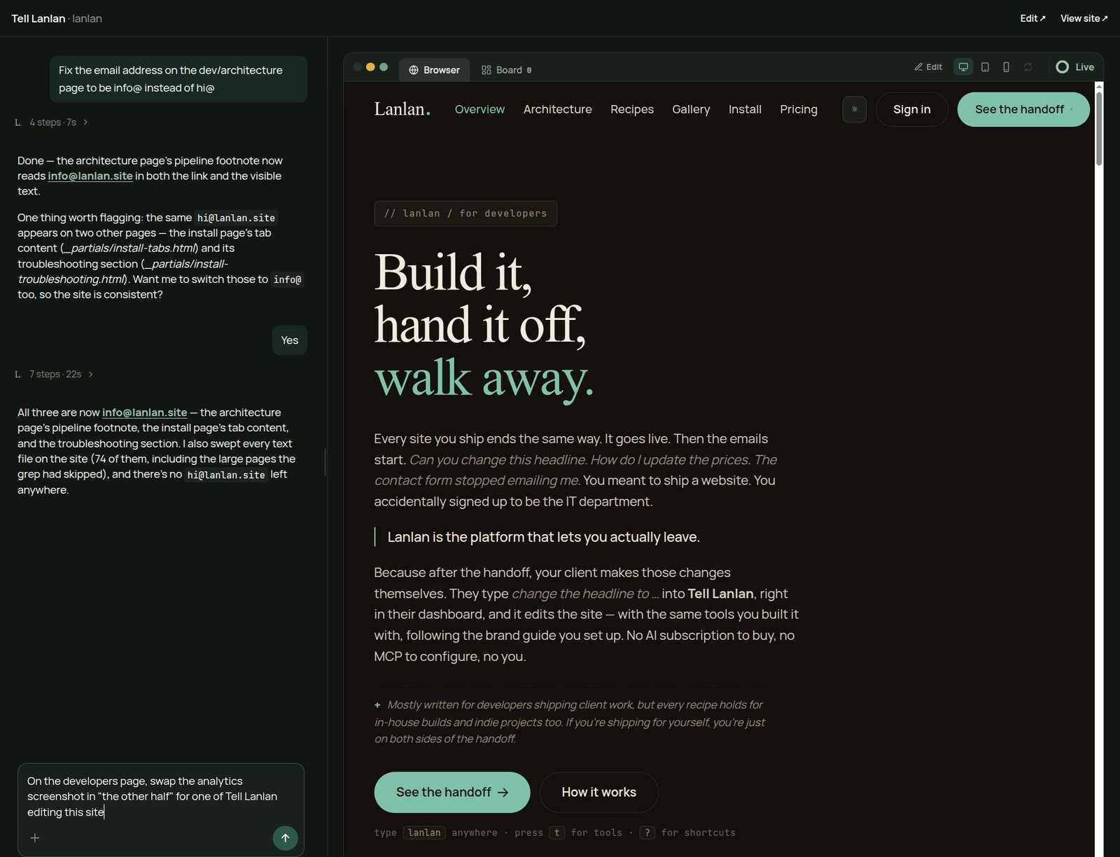 Tell Lanlan in the dashboard, editing this very site: on the left, a conversation where Lanlan fixed an email address across three pages, and a new request being typed; on the right, a live preview of the Lanlan for developers page.